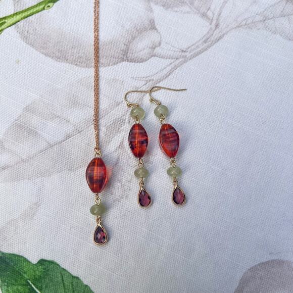 Amber Garnet Wine Red Crystal Glass Cantaloupe Fruit Green Casual Jewelry Set - Picture 4 of 6